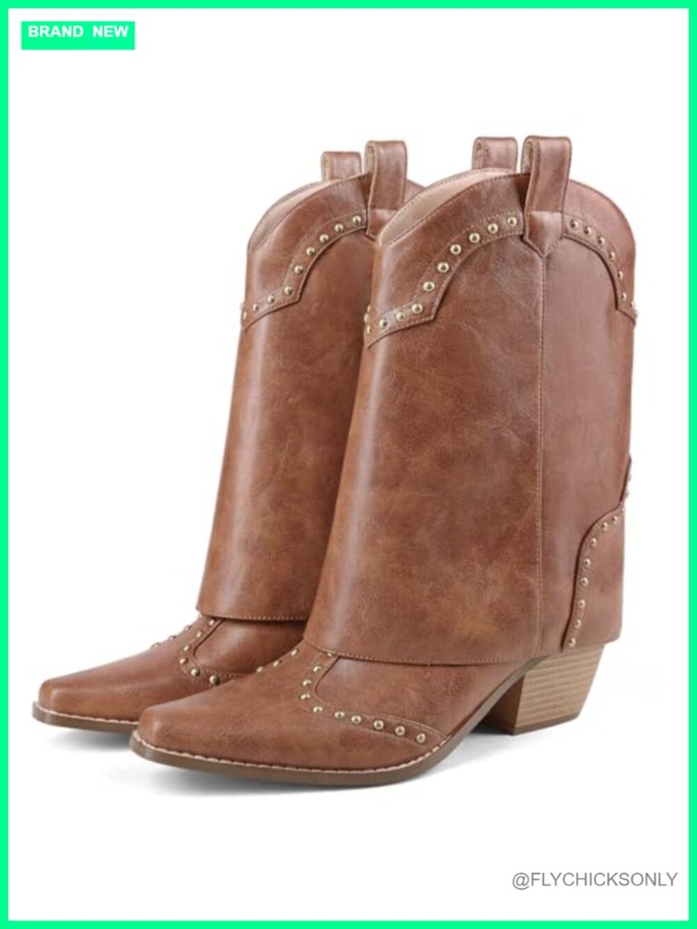 Fold Over Cowboy Ankle Boots Snip Toe Chunky Block Heel Studded Pull On Faux